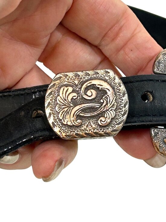 Justin Belt Black 30 Vtg Leather USA  Silver-plated 1993 Engraving Western 525BK main image 6